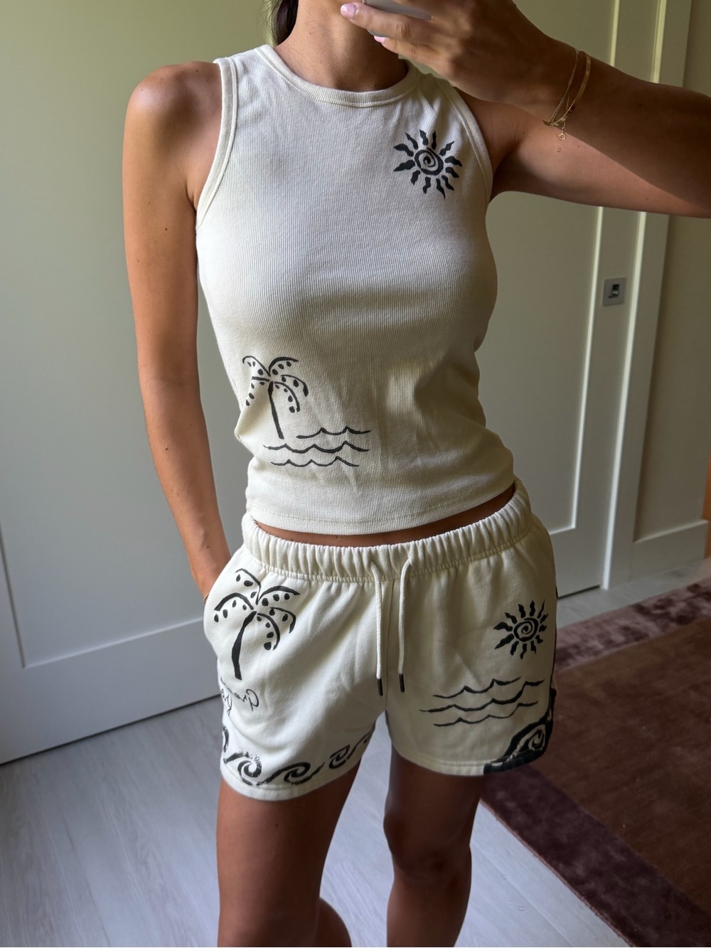Cream Tropical Print Tank & Shorts Set